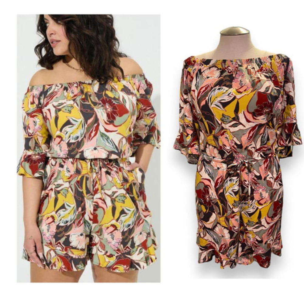 Torrid‎ Plus Size 4 (4X) Artsy Abstract Floral One Piece Off Shoulder Romper
